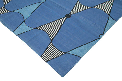 Geometric Duri Blue Geometric Cotton Wool Handmade Area Rug 9'3'' x 11'9''