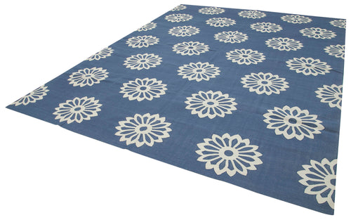 Geometric Duri Blue Geometric Cotton Wool Handmade Area Rug 9'1'' x 11'11''