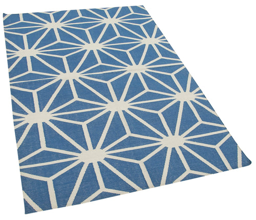 Geometric Duri Blue Geometric Cotton Wool Handmade Area Rug 3'8'' x 5'6''