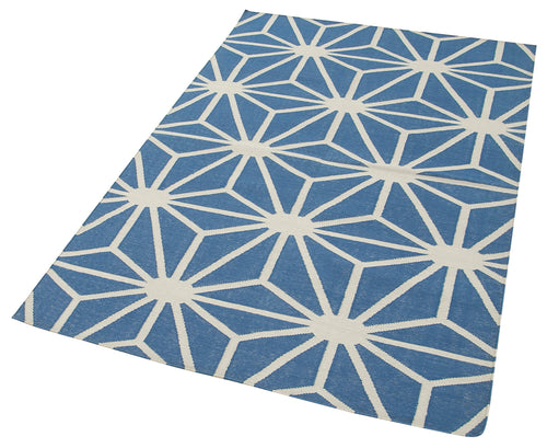Geometric Duri Blue Geometric Cotton Wool Handmade Area Rug 3'8'' x 5'6''