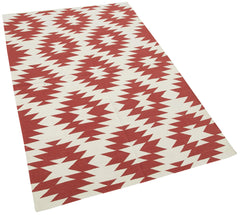 Duri Red Geometric Cotton Wool Handmade Area Rug 3'6'' x 5'5''