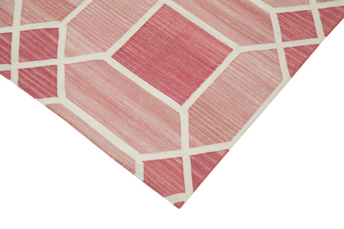 Handmade Area Rug - Pink Geometric Cotton Wool Vintage Turkish Carpet 3'7"x5'5"
