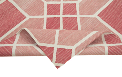Handmade Area Rug - Pink Geometric Cotton Wool Vintage Turkish Carpet 3'7"x5'5"