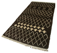 Purpleocco Brown Geometric Wool Cotton Handmade Rug 3'11'' x 8'1''