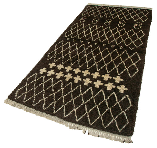 Purpleocco Brown Geometric Wool Cotton Handmade Rug 3'11'' x 8'1''