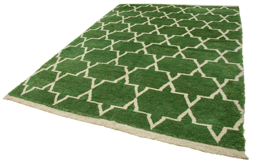 Purpleocco Green Geometric Wool Cotton Handmade Rug 7'7'' x 11'0''