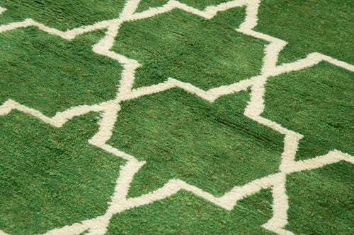 Purpleocco Green Geometric Wool Cotton Handmade Rug 7'7'' x 11'0''