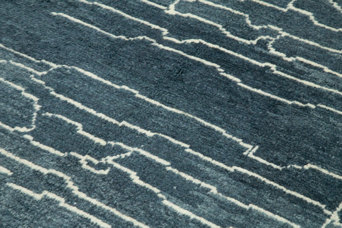 Purpleocco Blue Geometric Wool Cotton Handmade Rug 6'4'' x 9'2''