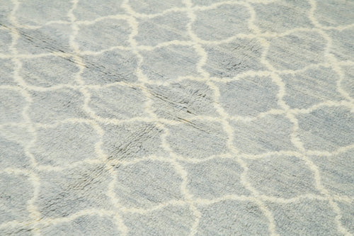 Purpleocco Blue Geometric Wool Cotton Handmade Rug 7'8'' x 11'2''