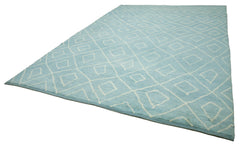 Purpleocco Blue Geometric Wool Cotton Handmade Rug 9'9'' x 14'3''