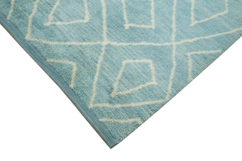 Purpleocco Blue Geometric Wool Cotton Handmade Rug 9'9'' x 14'3''