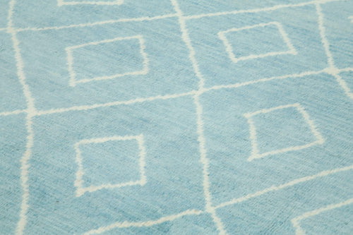 Purpleocco Blue Geometric Wool Cotton Handmade Rug 9'9'' x 14'3''