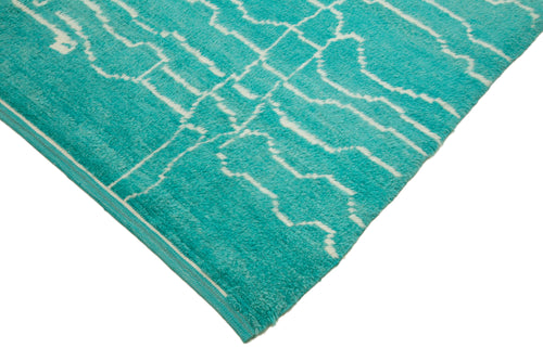Purpleocco Turquoise Geometric Wool Cotton Handmade Rug 6'7'' x 11'0''