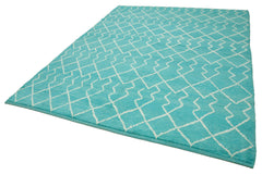 Purpleocco Turquoise Geometric Wool Cotton Handmade Rug 7'6'' x 9'4''