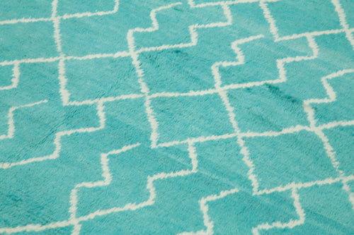 Purpleocco Turquoise Geometric Wool Cotton Handmade Rug 7'6'' x 9'4''