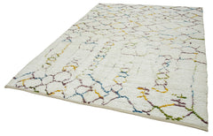 Purpleocco White Geometric Wool Cotton Handmade Rug 7'5'' x 9'7''