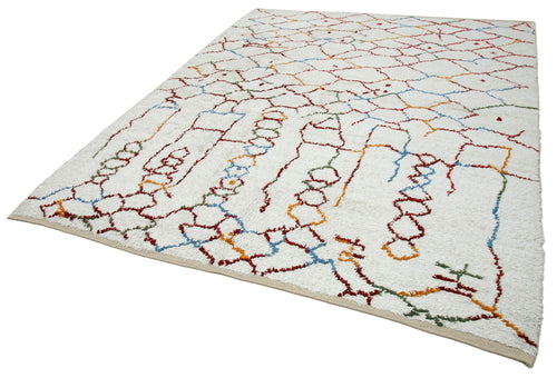 Purpleocco White Geometric Wool Cotton Handmade Rug 7'10'' x 9'4''