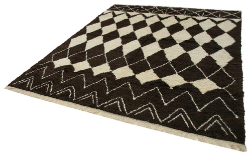 Purpleocco Brown Geometric Wool Cotton Handmade Rug 7'10'' x 9'2''