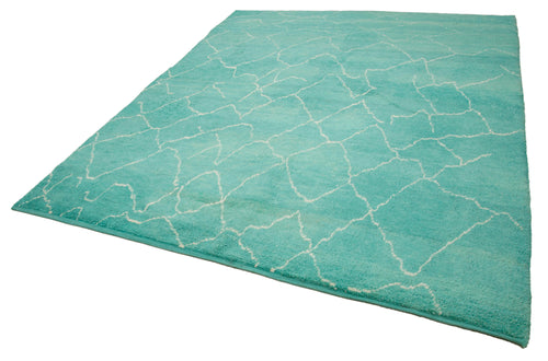 Purpleocco Turquoise Geometric Wool Cotton Handmade Rug 7'9'' x 12'10''