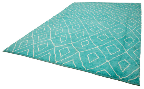 Purpleocco Turquoise Geometric Wool Cotton Handmade Rug 9'2'' x 12'8''