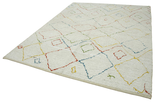 Purpleocco White Geometric Wool Cotton Handmade Rug 7'10'' x 10'0''