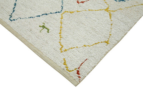 Purpleocco White Geometric Wool Cotton Handmade Rug 7'10'' x 10'0''