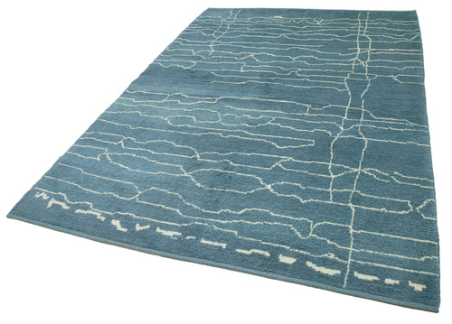 Purpleocco Blue Geometric Wool Cotton Handmade Rug 6'3'' x 9'0''