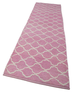 Purpleocco Pink Geometric Cotton Wool Handmade Area Rug 3'1'' x 12'0''