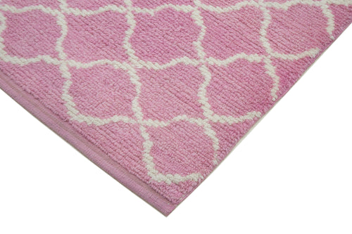 Purpleocco Pink Geometric Cotton Wool Handmade Area Rug 3'1'' x 12'0''