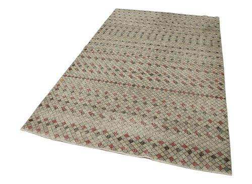 Handmade Area Rug - Checkered Kilim Carpet 4'11"x8'2" Beige Cotton Wool Blend