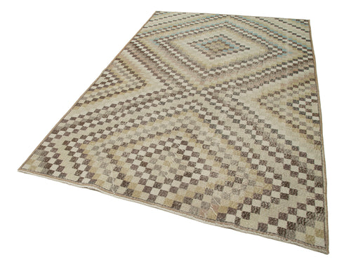 Handmade Area Rug - Checkered Kilim Beige Cotton Wool Vintage Carpet 5'8''x8'10''