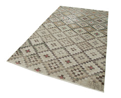 Checkered Kilim White Cotton Wool Handmade Area Rug 4'11'' x 9'3''
