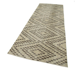 Checkered Runner Beige Geometric Cotton Wool Handmade Area Rug 3'8'' x 11'1''