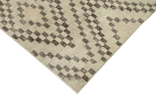 Checkered Runner Beige Geometric Cotton Wool Handmade Area Rug 3'8'' x 11'1''