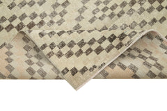 Checkered Runner Beige Geometric Cotton Wool Handmade Area Rug 3'8'' x 11'1''