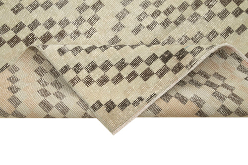 Checkered Runner Beige Geometric Cotton Wool Handmade Area Rug 3'8'' x 11'1''