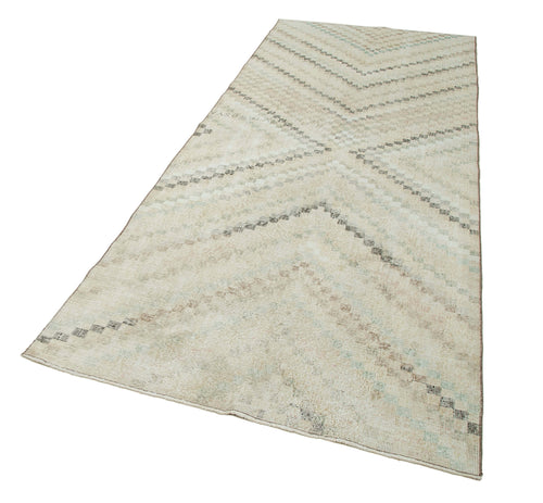 Checkered Runner Beige Geometric Cotton Wool Handmade Area Rug 4'2'' x 10'5''