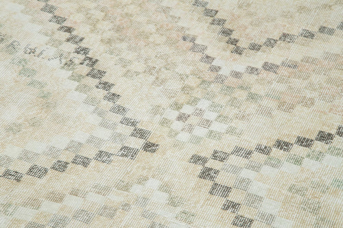 Checkered Runner Beige Geometric Cotton Wool Handmade Area Rug 4'2'' x 10'5''