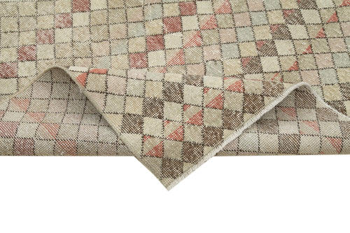 Handmade Area Rug - Checkered Kilim Beige Cotton Wool Durable Turkish Carpet 4'1''x9'2''