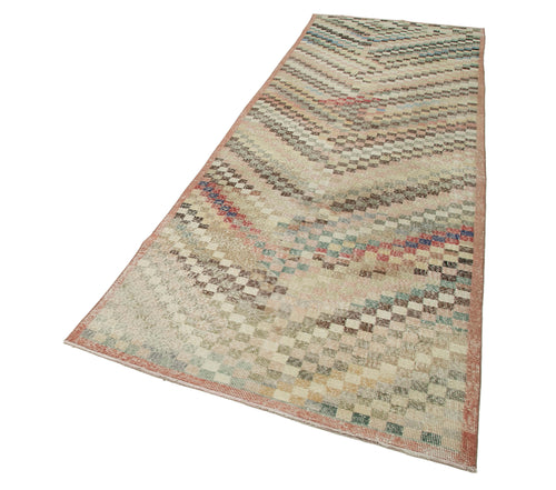 Checkered Runner White Geometric Cotton Wool Handmade Area Rug 3'11'' x 12'2''