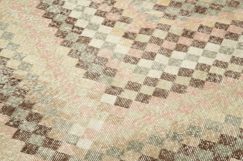 Checkered Runner White Geometric Cotton Wool Handmade Area Rug 3'11'' x 12'2''