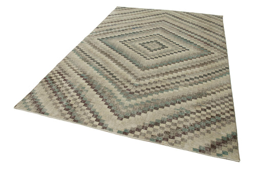 Checkered Kilim Brown Cotton Wool Handmade Area Rug 6'5'' x 9'10''