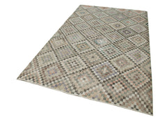 Handmade Area Rug - Checkered Kilim Beige Cotton Wool 5'4" x 8'10" Durable Turkish Carpet