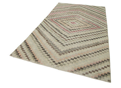 Checkered Kilim Beige Cotton Wool Handmade Area Rug 5'5'' x 9'8''