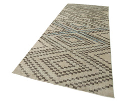 Checkered Runner Beige Geometric Cotton Wool Handmade Area Rug 4'8'' x 11'5''