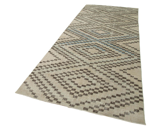 Checkered Runner Beige Geometric Cotton Wool Handmade Area Rug 4'8'' x 11'5''