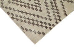 Checkered Runner Beige Geometric Cotton Wool Handmade Area Rug 4'8'' x 11'5''