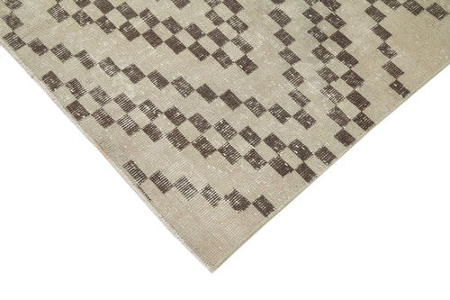 Checkered Runner Beige Geometric Cotton Wool Handmade Area Rug 4'8'' x 11'5''