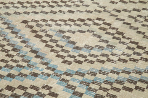 Checkered Runner Beige Geometric Cotton Wool Handmade Area Rug 4'8'' x 11'5''