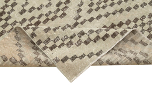 Checkered Runner Beige Geometric Cotton Wool Handmade Area Rug 4'8'' x 11'5''